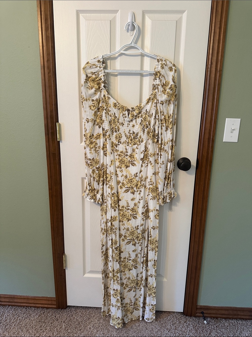 Free People White Maxi Dress with Olive Floral Print